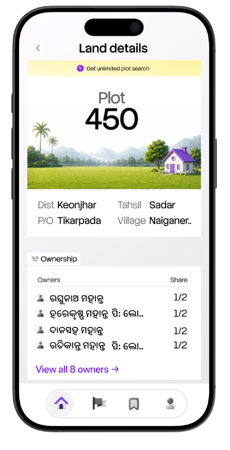 Bhumitra app showing the Land Details screen for Plot 450 in Keonjhar — district, tahsil, village and the official ownership record with owner shares